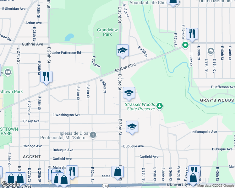 map of restaurants, bars, coffee shops, grocery stores, and more near 1804 East 33rd Street in Des Moines