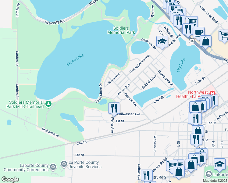 map of restaurants, bars, coffee shops, grocery stores, and more near 1416 Pennsylvania Avenue in La Porte
