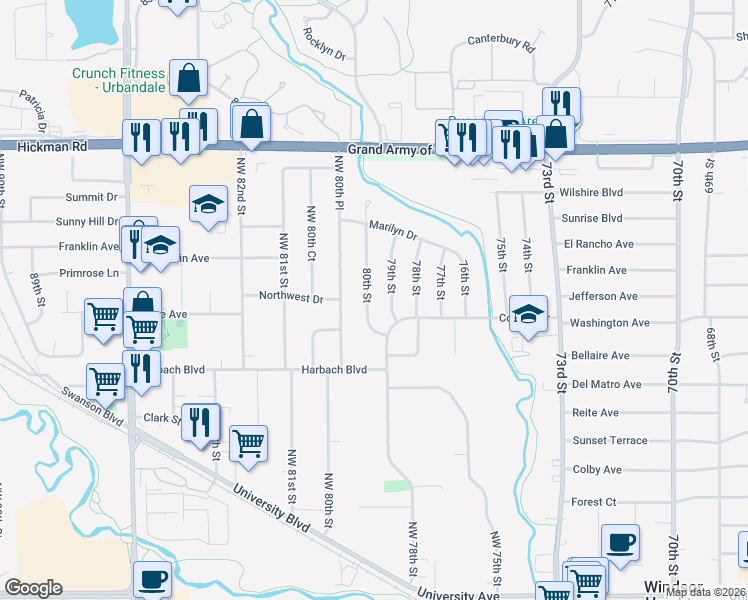 map of restaurants, bars, coffee shops, grocery stores, and more near 1821 80th Street in Windsor Heights