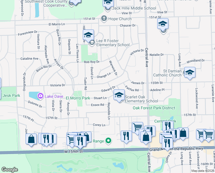 map of restaurants, bars, coffee shops, grocery stores, and more near 15510 Albert Drive in Oak Forest
