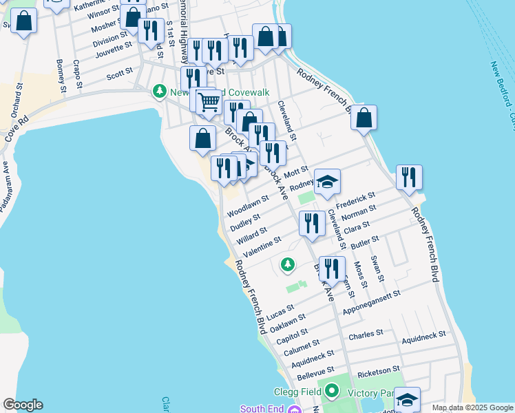 map of restaurants, bars, coffee shops, grocery stores, and more near 51 Woodlawn Street in New Bedford