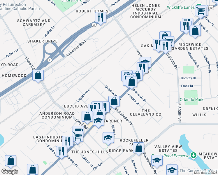 map of restaurants, bars, coffee shops, grocery stores, and more near 1411 Bellview Street in Wickliffe