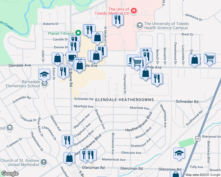map of restaurants, bars, coffee shops, grocery stores, and more near 1616 Colleen Court in Toledo