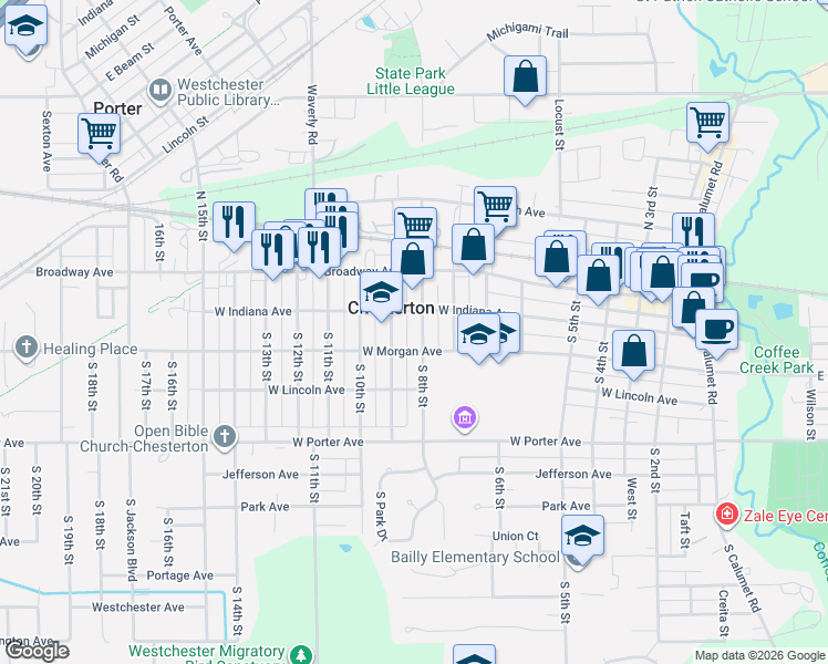 map of restaurants, bars, coffee shops, grocery stores, and more near 200-298 South 8th Street in Chesterton