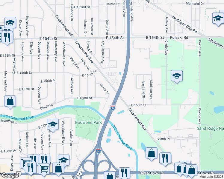 map of restaurants, bars, coffee shops, grocery stores, and more near 15719 Dante Drive in South Holland