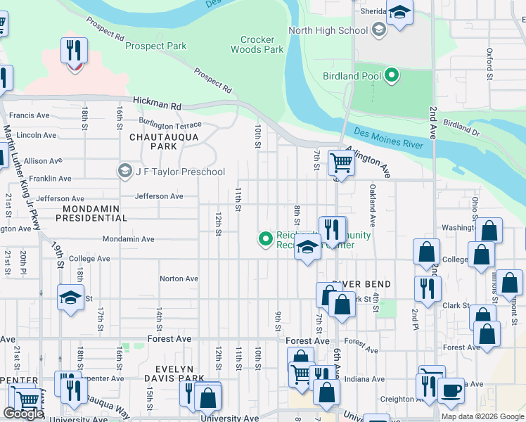 map of restaurants, bars, coffee shops, grocery stores, and more near 1728 9th Street in Des Moines
