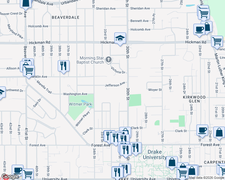 map of restaurants, bars, coffee shops, grocery stores, and more near 3100 Jefferson Avenue in Des Moines