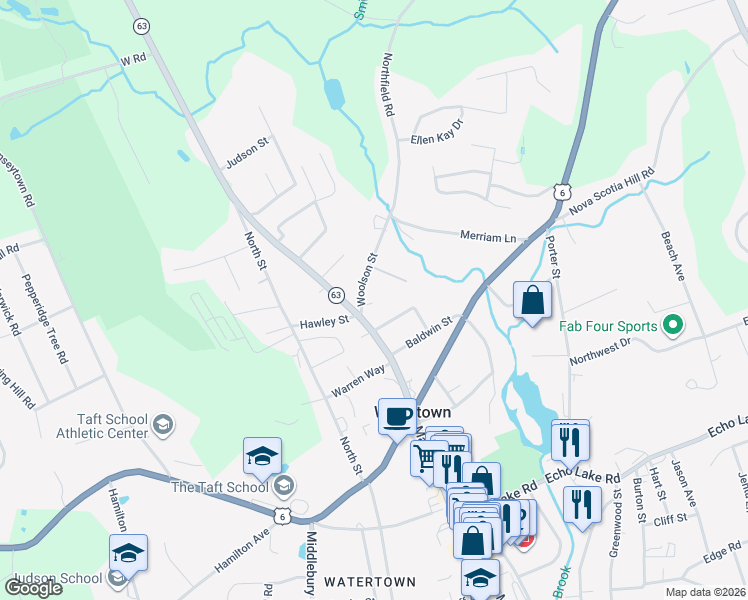 map of restaurants, bars, coffee shops, grocery stores, and more near 22 Woolson Street in Watertown