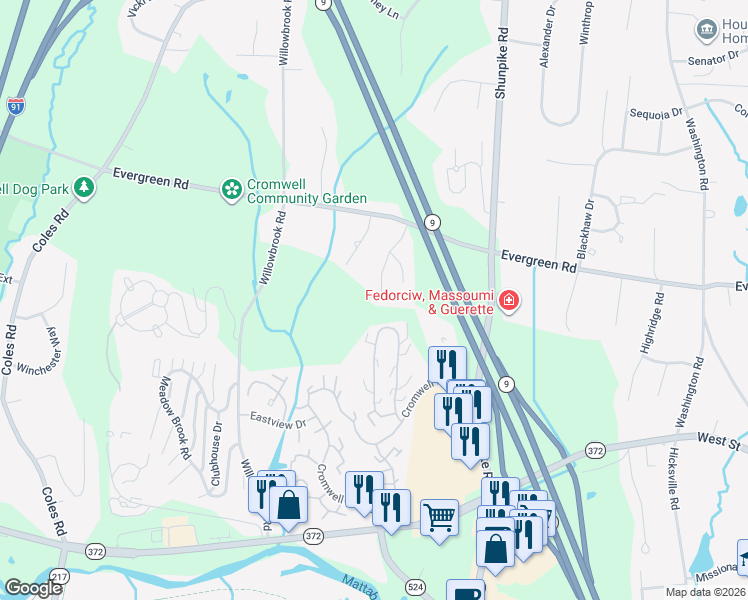 map of restaurants, bars, coffee shops, grocery stores, and more near 28 Cider Hill Drive in Cromwell