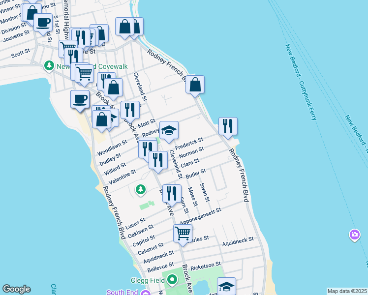 map of restaurants, bars, coffee shops, grocery stores, and more near 102 Frederick Street in New Bedford