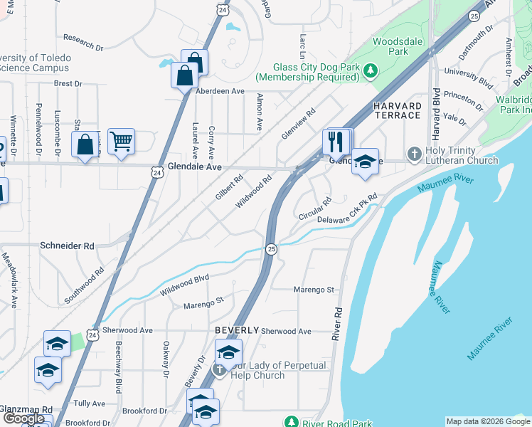 map of restaurants, bars, coffee shops, grocery stores, and more near 1607 Watova Road in Toledo