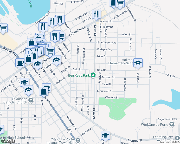 map of restaurants, bars, coffee shops, grocery stores, and more near 109 John Street in La Porte
