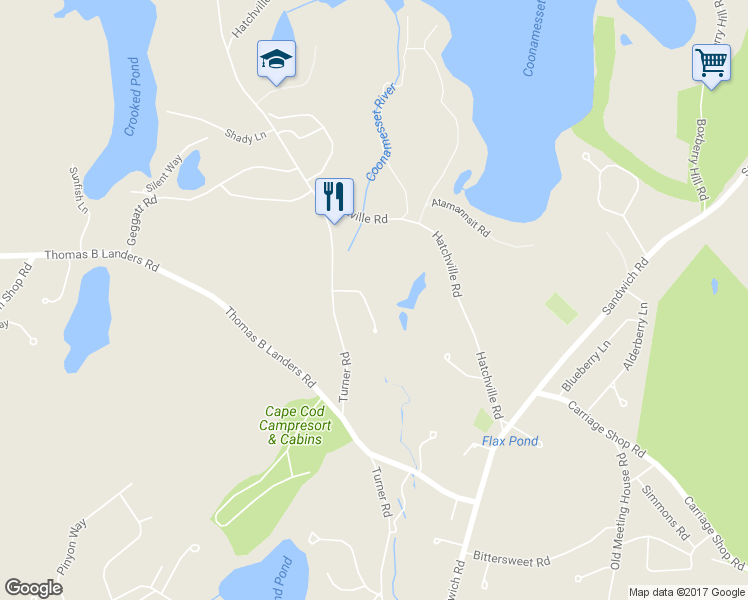 map of restaurants, bars, coffee shops, grocery stores, and more near 24 Little John Road in Falmouth