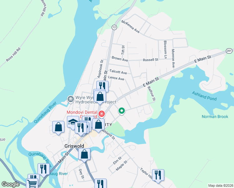 map of restaurants, bars, coffee shops, grocery stores, and more near 126 East Main Street in Griswold