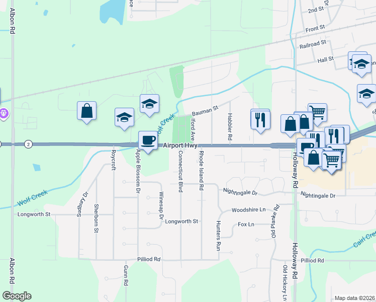 map of restaurants, bars, coffee shops, grocery stores, and more near 7551 Airport Hwy in Holland
