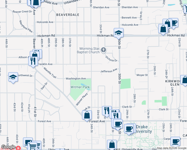 map of restaurants, bars, coffee shops, grocery stores, and more near 1715 34th Street in Des Moines