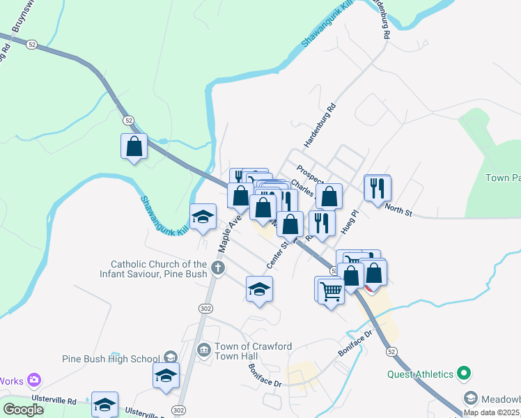 map of restaurants, bars, coffee shops, grocery stores, and more near 96 Main Street in Pine Bush