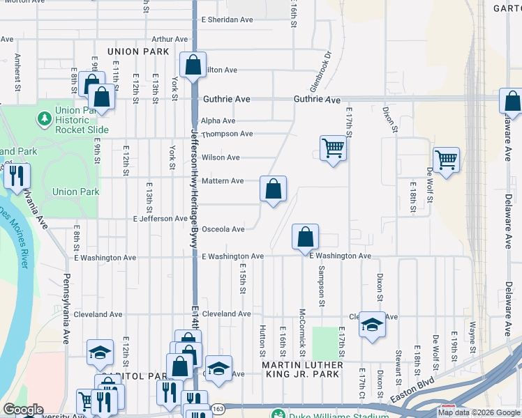 map of restaurants, bars, coffee shops, grocery stores, and more near in Des Moines