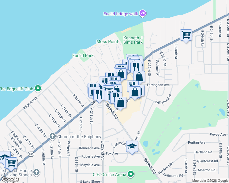 map of restaurants, bars, coffee shops, grocery stores, and more near 22382 Lakeshore Boulevard in Euclid