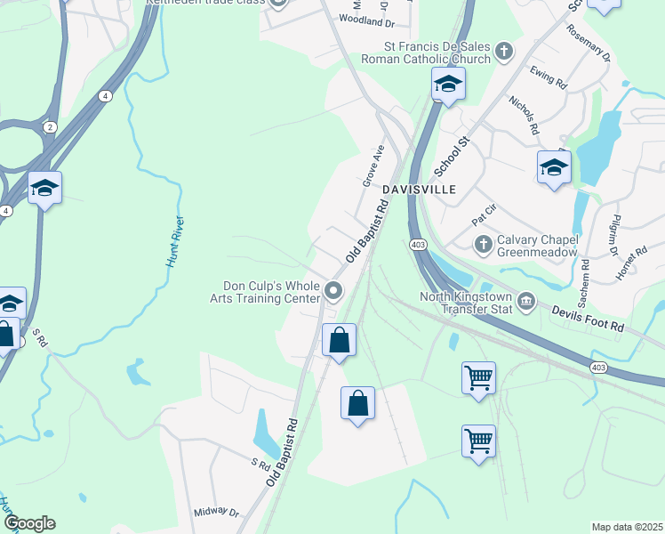 map of restaurants, bars, coffee shops, grocery stores, and more near 171 Old Baptist Road in North Kingstown