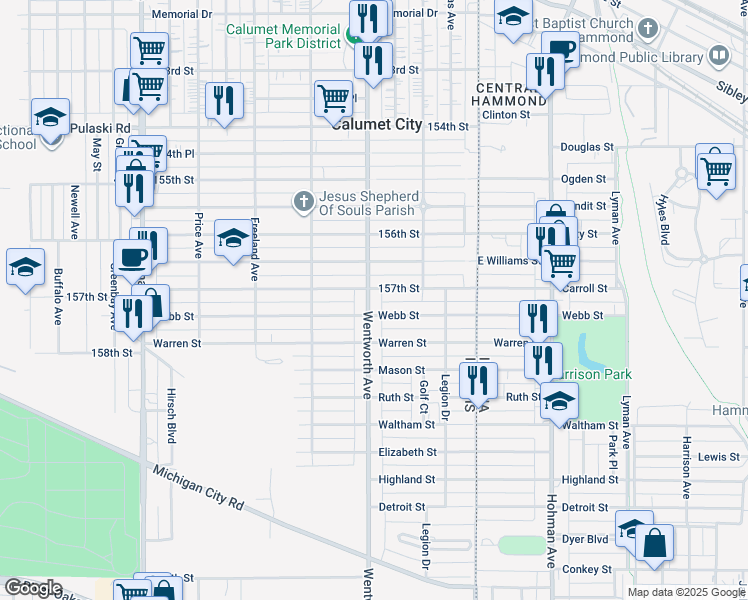 map of restaurants, bars, coffee shops, grocery stores, and more near 851 Wentworth Avenue in Calumet City
