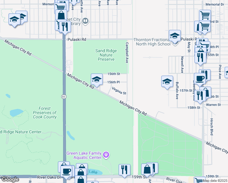 map of restaurants, bars, coffee shops, grocery stores, and more near 1083 Virginia Street in Calumet City