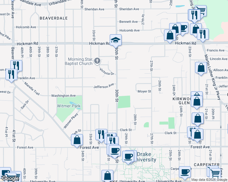 map of restaurants, bars, coffee shops, grocery stores, and more near 1726 30th Street in Des Moines