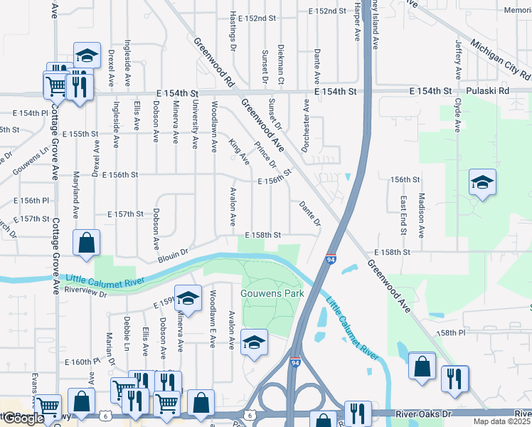 map of restaurants, bars, coffee shops, grocery stores, and more near 15662 Kenwood Avenue in South Holland