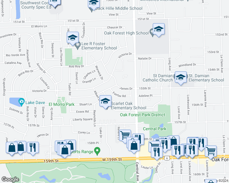 map of restaurants, bars, coffee shops, grocery stores, and more near 5720 Fairfax Road in Oak Forest
