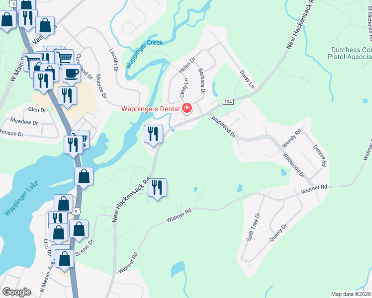 map of restaurants, bars, coffee shops, grocery stores, and more near 104 New Hackensack Rd in Wappingers Falls