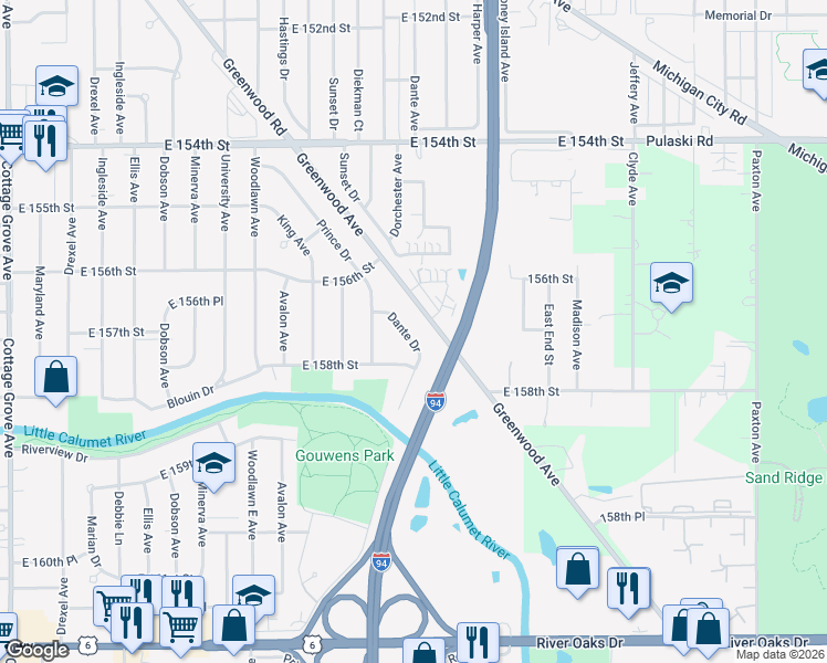 map of restaurants, bars, coffee shops, grocery stores, and more near 15719 Dante Drive in South Holland