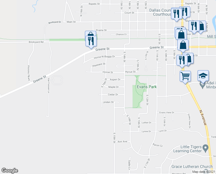 map of restaurants, bars, coffee shops, grocery stores, and more near 1523 Maple Drive in Adel