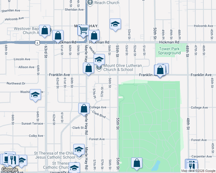map of restaurants, bars, coffee shops, grocery stores, and more near 1800 56th Street in Des Moines