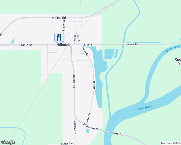 map of restaurants, bars, coffee shops, grocery stores, and more near 406 Docia Road in Hillsdale