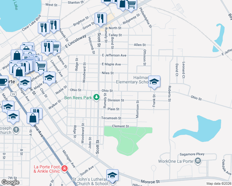 map of restaurants, bars, coffee shops, grocery stores, and more near 704 Ohio Street in La Porte