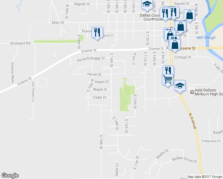 map of restaurants, bars, coffee shops, grocery stores, and more near 906 South 14th Street in Adel