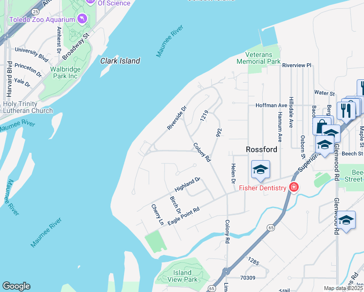 map of restaurants, bars, coffee shops, grocery stores, and more near 125-129 Eagle Point Drive in Rossford
