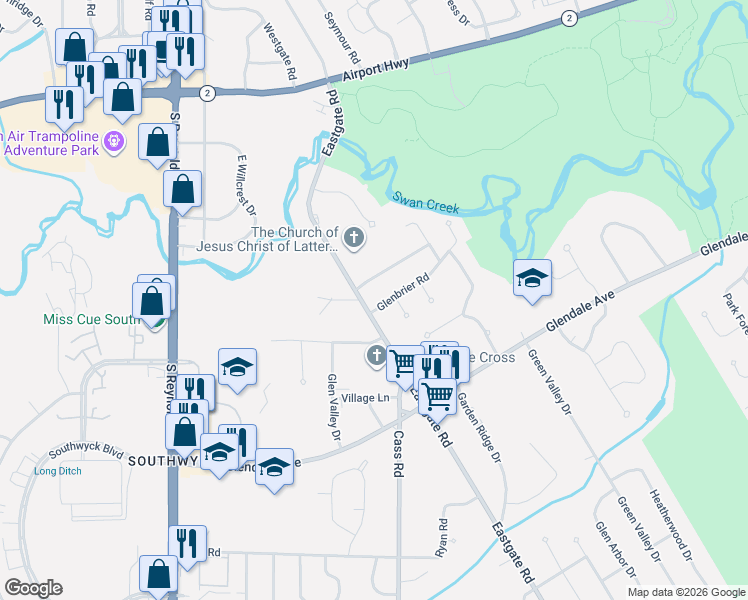 map of restaurants, bars, coffee shops, grocery stores, and more near 1645 Eastgate Road in Toledo