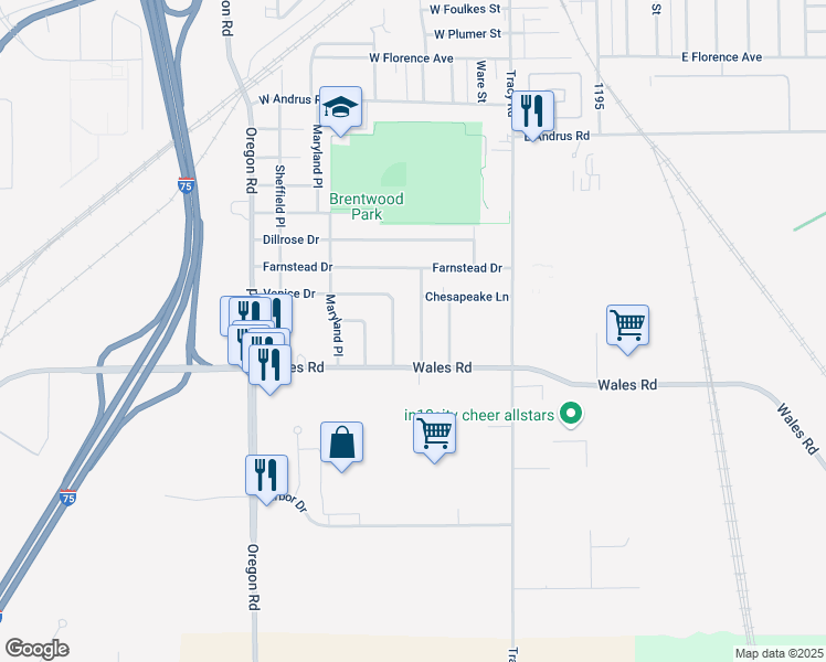 map of restaurants, bars, coffee shops, grocery stores, and more near 2456 Bedford Ln in Northwood