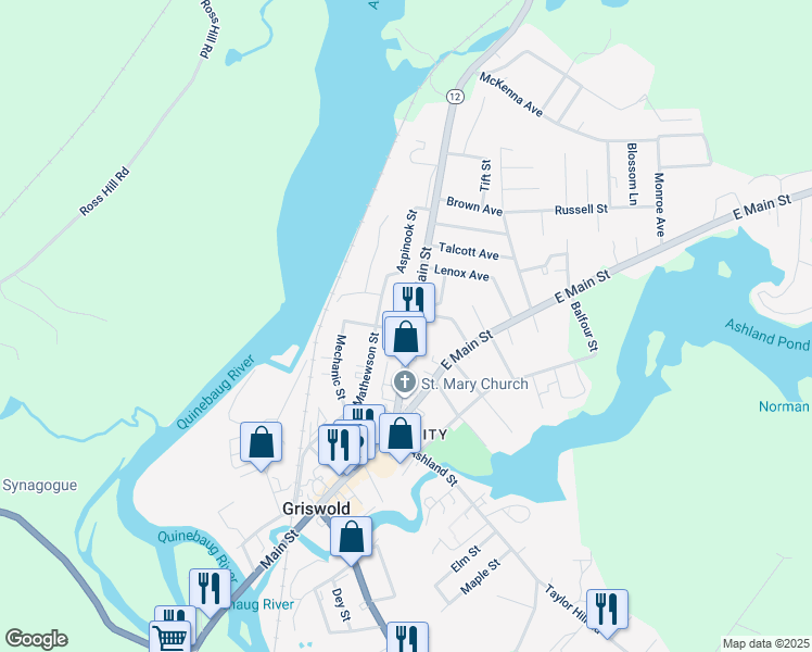 map of restaurants, bars, coffee shops, grocery stores, and more near 96 North Main Street in Griswold