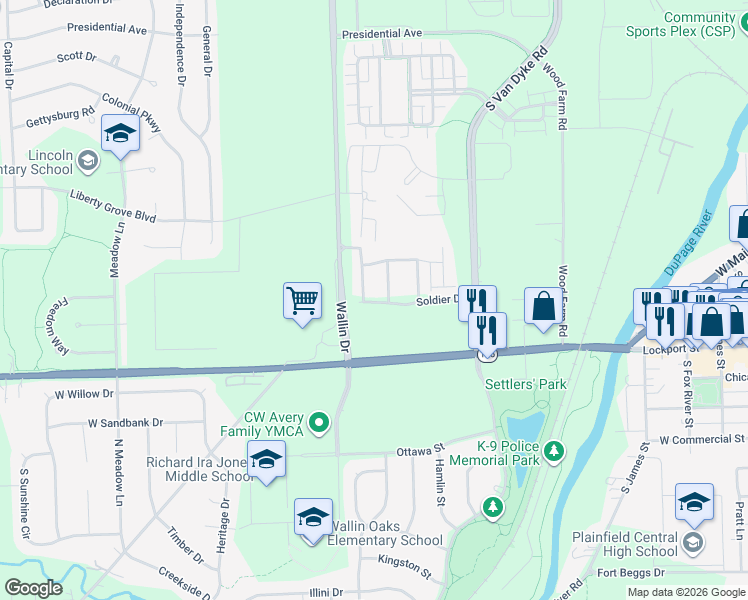 map of restaurants, bars, coffee shops, grocery stores, and more near 24708 Soldier Drive in Plainfield