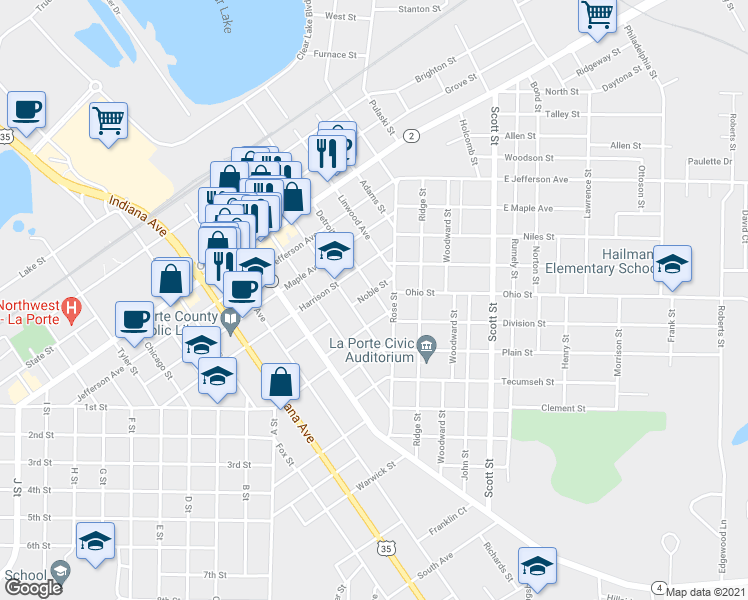 map of restaurants, bars, coffee shops, grocery stores, and more near 1102 1/2 Detroit Street in La Porte