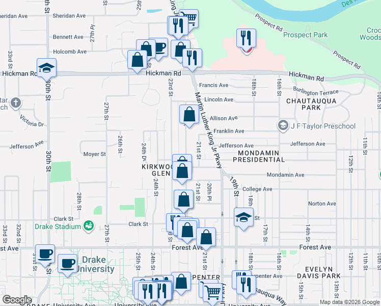 map of restaurants, bars, coffee shops, grocery stores, and more near 1709 22nd Street in Des Moines