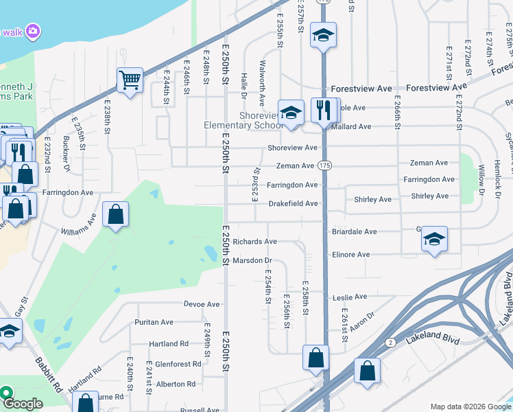 map of restaurants, bars, coffee shops, grocery stores, and more near 541 East 253rd Street in Euclid