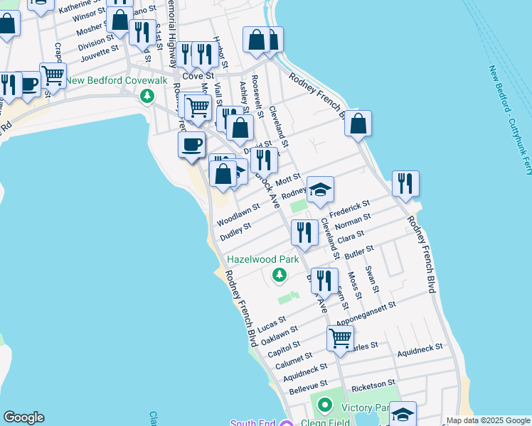 map of restaurants, bars, coffee shops, grocery stores, and more near 19 Dudley Street in New Bedford