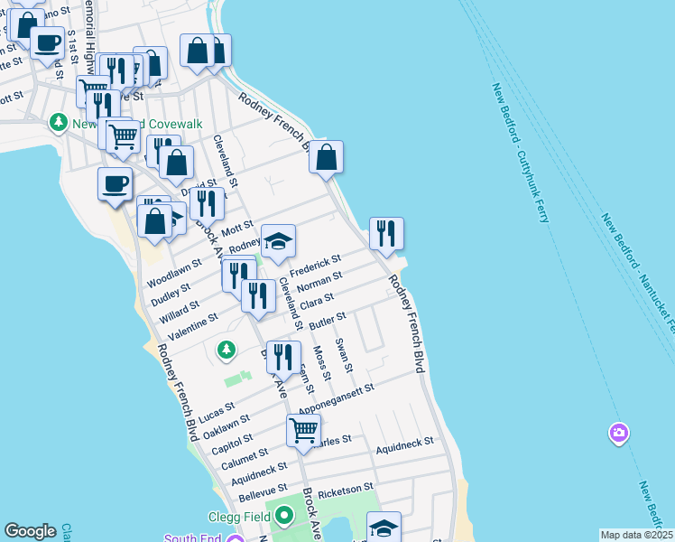 map of restaurants, bars, coffee shops, grocery stores, and more near 45 Norman Street in New Bedford