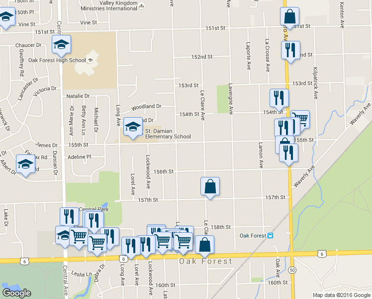 map of restaurants, bars, coffee shops, grocery stores, and more near 5133 155th Street in Oak Forest