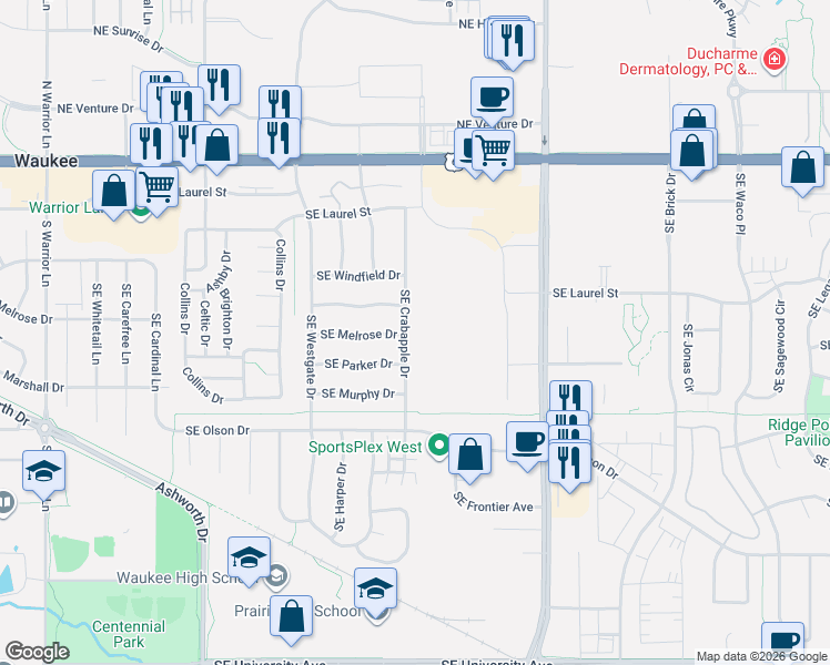 map of restaurants, bars, coffee shops, grocery stores, and more near 515 Southeast Crabapple Drive in Waukee