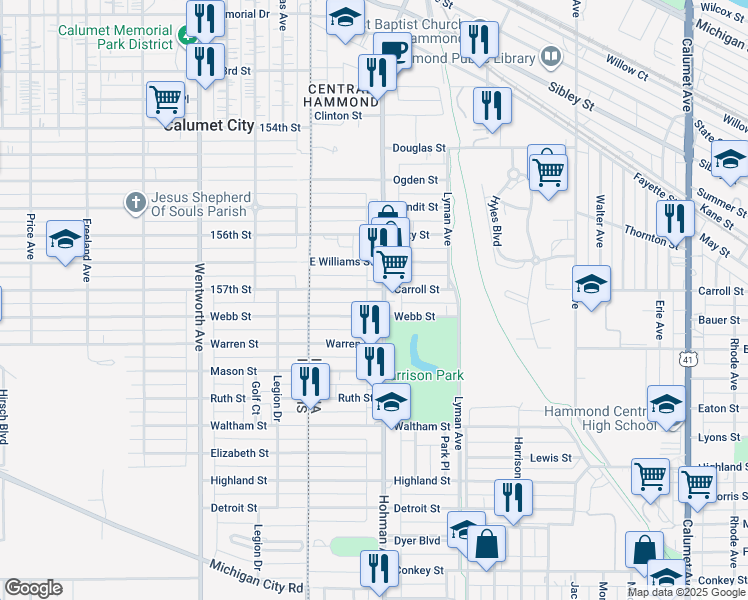map of restaurants, bars, coffee shops, grocery stores, and more near 5710 Hohman Avenue in Hammond