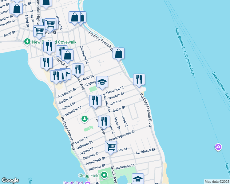 map of restaurants, bars, coffee shops, grocery stores, and more near 102 Frederick Street in New Bedford